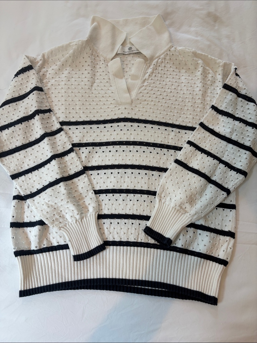 Jean-Pierre Klifa Collared Stripe Pointelle Sweater - White/Navy, size small